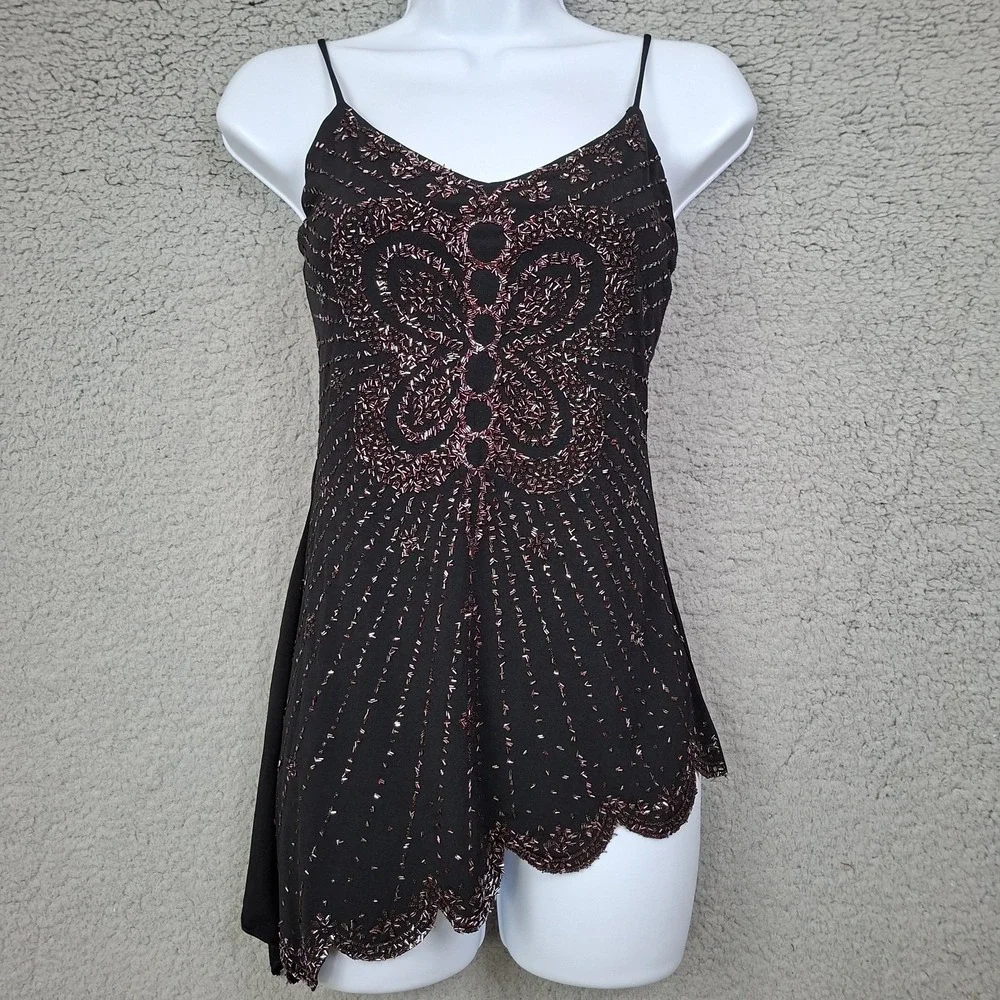 Lipstick y2k Small Black Beaded Assumetric Butterfly top Camisole Fairy Grunge